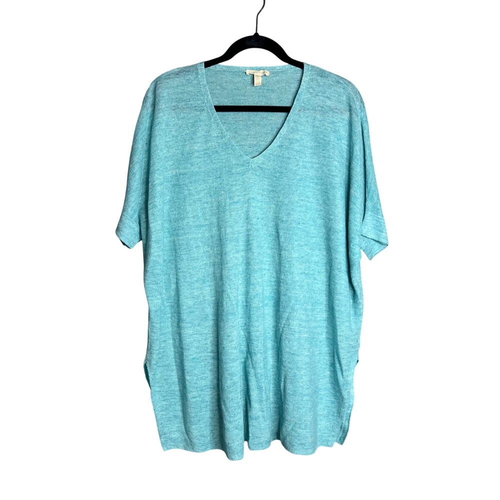 Eileen Fisher Linen Tunic Womens XXS Turquoise V-Neck Beachy Coastal‎